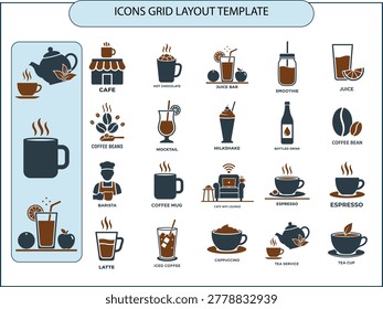 Coffee Tea and Beverage Icons Set - Cafe Barista Espresso Latte Juice Smoothie Vector