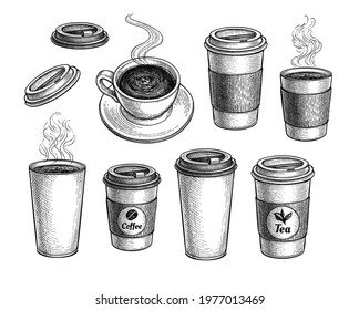 Coffee and tea big set. Ink sketch isolated on white background. Hand drawn vector illustration. Retro style.