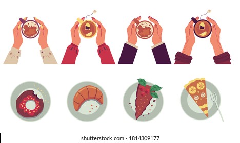 Coffee and tea break time poster set - top view of hands holding hot drink cup and plates with dessert cake, croissant or donut. Breakfast food and beverage - flat vector illustration