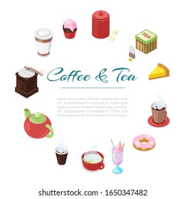 Coffee and tea breakfast vector cartoon poster illustration. Flat design concepts for coffee time, early english breakfast with cheese cake, cup of tea, ice cream, donut and coffee grinder.