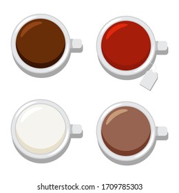 Coffee, tea, cacao and milk top view vector illustration isolated on a white background.