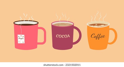 Café, té, cacao. Juego de taza. Colección de tazas caseras para bebidas calientes. Cafetería o restaurante. Ilustraciones vectoriales planas aisladas en fondo blanco