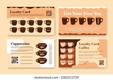 Coffee tea cafe loyalty card stamps collect get free design template set vector illustration. Hot beverage cappuccino espresso buy voucher discount bonus coupon marketing advertising business retail
