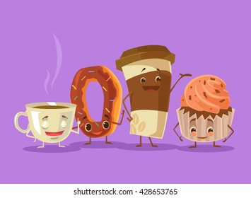 Coffee tea cake donut best friends. Vector flat cartoon illustration