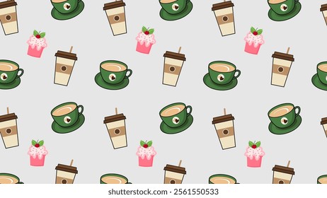 Coffee, tea, cake pattern background. Coffee, tea, cake illustration pattern. Coffee, tea, cake background. Perfect for fabrics, print, textile, wallpaper, and pre-made home decor. SSTKbackgrounds 