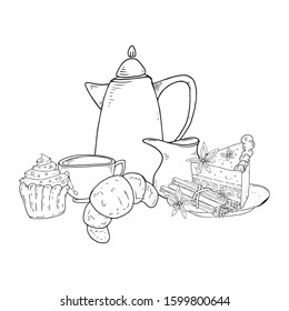 Coffee, tea with cakes icon. Vector illustration of sweets with coffee set. Hand drawn cup of tea with cakes.