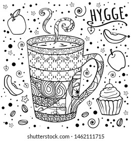 Coffee or tea, chocolate and cake, and apple. Coloring Zentangle Set of vector doodles. Breakfast or dessert. Hygge sweet home or Turkish style. - Vector. Vector illustration