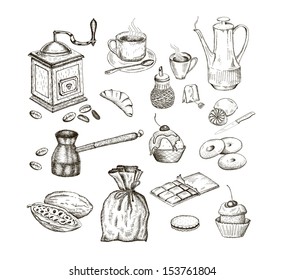 coffee tea chocolate. set of vector sketches