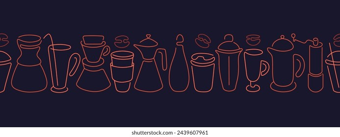 Café, té, frontera de la línea de cóctel. Taza de boceto, barra abstracta de fondo sin fisuras. Doodle patrón de café en estilo simple. Herramientas gráficas para hacer capuchino, espresso