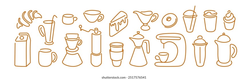 Coffee, tea, cocoa drink collection. Line vector minimal sign for menu, bakery and cafe. French press, hot aroma cup, milk pitcher for breakfast, lunch, dessert, chocolate sweets. Editable stroke