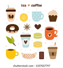 Coffee and tea collection. Coffee-shop icons. Macaroons, chocolate, cake, lemon, croissant, cinnamon, donut. Vector illustration