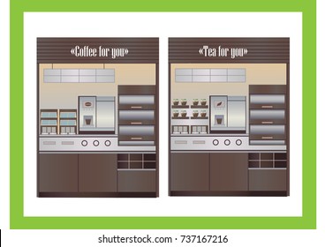 Coffee and tea concept. Low ceiling set-up. Visual. vector illustration design of coffee shop,coffee bar,counter,background,flat style.