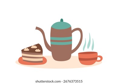 Um conceito de café e chá. Сxícara de café ou chaleira com uma xícara de bebida e um bolo. Modelo plano vetorial. Conceito de fazer uma pausa.