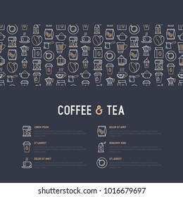 Coffee and tea concept with thin line icons: take away paper cups, cezve, coffee machine, teapot, cappuccino, cup, tea with lemon, grinder. Modern vector illustration for web page, print media. 