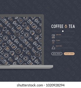 Coffee and tea concept with thin line icons: take away paper cups, cezve, coffee machine, teapot, cappuccino, cup, tea with lemon, grinder. Modern vector illustration for web page, print media. 