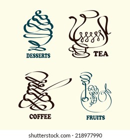 Coffee and tea.Set contains  line images of tea pot, cup,ice cream,footed tumbler,grapes,coffee pot and text.