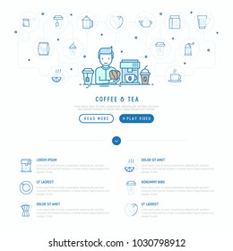 Coffee and tea cooking concept: man puts coffee beans in coffee machine with thin line icons: take away paper cups, cezve, teapot, cappuccino, tea with lemon. Vector illustration, web page template.
