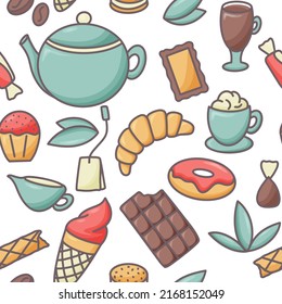 Coffee tea croissants and pastries seamless pattern. Background breakfast hot drink and goodies. Food print for paper, packaging and backdrop. Template vector illustration