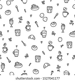 Coffee and tea, croissants and sweet buns, vector seamless pattern, black and white outline repeat print