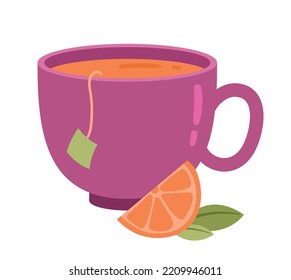 Coffee or tea in cup. Beverage and aroma, hot drink. Cafe or restaurant menu, purple mug with orange. Graphic element for printing on fabric. Home ceramic dishes. Cartoon flat vector illustration