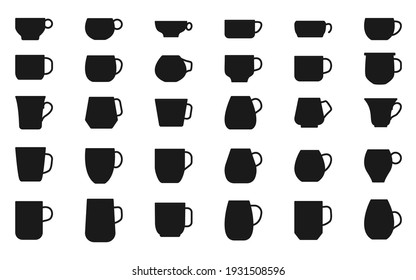 Coffee or tea cup black icon set. Different shape empty logo for shop, coffee house menu. Simple silhouette pictogram symbol espresso or latte and energy morning. Isolated on white vector illustration