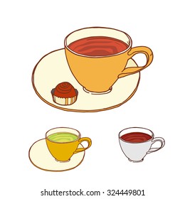 Coffee and tea cup with candy at saucer vector sketch. Color set of drawing vector sketch.