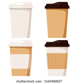 Coffee or tea cup with cap icon set, front view, isolated on white background disposable kraft brown, white paper, flat cartoon style vector illustration clip art take away packaging sign mock-up.