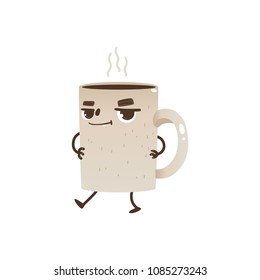 Coffee or tea cup cartoon character dancing and smiling - joyful mug with hot drink and steam isolated on white background. Cute smiley of dishes with beverage in vector illustration.
