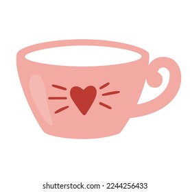 Coffee or tea cup. Cartoon illustration of a pink mug with hand drawn heart. Vector design isolated on white background.