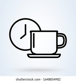 Coffee or tea cup with clock symbol. Coffee time illustration. Coffee break, rest sign. Mug with clock illustration for perfect web, app and logo design.