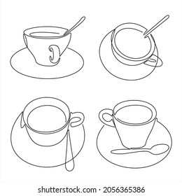 Coffee or tea cup continuous line drawing elements set isolated on white background for logo or decorative element. Vector illustration 