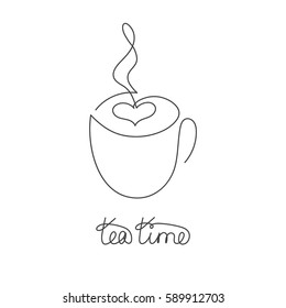 Coffee or tea cup continuous line drawing element isolated on white background for logo or decorative element. Vector illustration of beverage form in trendy outline style.