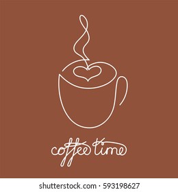 Coffee or tea cup continuous line drawing element isolated on brown background for logo or decorative element. Vector illustration of beverage form in trendy outline style.