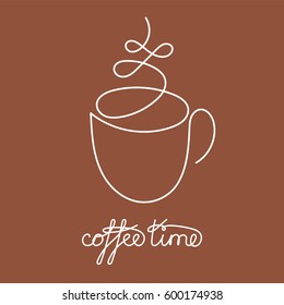 Coffee or tea cup continuous line drawing element isolated on white background for logo or decorative element. Vector illustration of beverage form in trendy outline style.