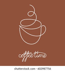 Coffee or tea cup continuous line drawing element isolated on brown background for logo or decorative element. Vector illustration of beverage form in trendy outline style.