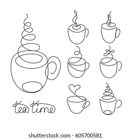 Coffee or tea cup continuous line drawing elements set isolated on white background for logo or decorative element. Vector illustration of beverage form in trendy outline style.