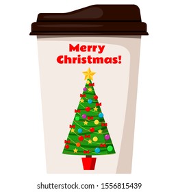 Coffee or tea cup decorated with christmas tree isolated on white background. Design element for x-mas card, banner, web. Flat style vector illustration take away beverage pack sign.