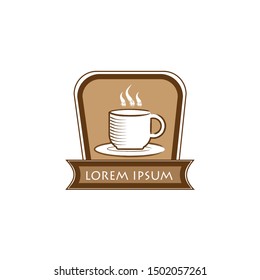 Coffee or tea cup design logo or icon with fill color and isolated in white background, editable text for logo