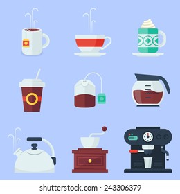 Coffee, tea, cup and devices flat icons set