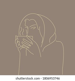 Café o té en la mano, dibujando en una línea con estilo de sketch. Calentador, fragante bebida de té, capuchino, espresso en los dedos de las mujeres.