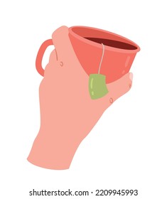 Coffee or tea in cup. Hand holds ceramic glass, comfort and coziness in apartment. Hot drinks, cafe or restaurant menu. Sticker for social networks and messengers. Cartoon flat vector illustration