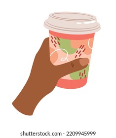 Coffee or tea in cup. Hand holds plastic cup with hot drink. Template, layout or mock up. Abstract patterns, lunch break. Tableware for cafe. Aroma and beverage. Cartoon flat vector illustration