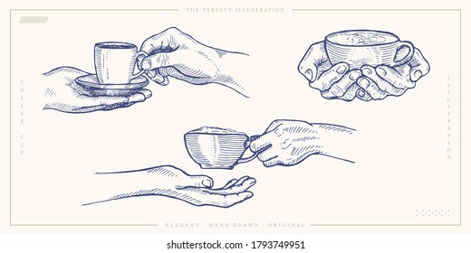 coffee or tea cup in hands. engraving sketch style. Vector vintage illustration.