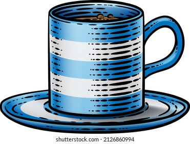 Café o té taza de bebida caliente taza en un estilo retro vintage de carpintería.