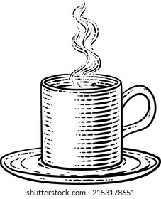 Coffee or tea cup hot drink mug in a vintage retro woodcut etching style.