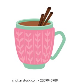 Coffee or tea in cup. Hot drink with two chocolate sticks. Dessert and delicacy, sweets. Green mug with pink pattern, kitchen utensils. Sticker for social networks. Cartoon flat vector illustration