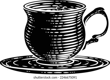 Coffee or tea cup hot drink mug in a vintage retro woodcut etching style.