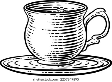 Coffee or tea cup hot drink mug in a vintage retro woodcut etching style. svg