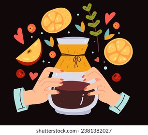 Coffee tea cup hot drink breakfast morning card poster concept. Vector flat graphic design illustration