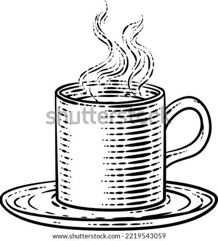 Coffee or tea cup hot drink mug in a vintage retro woodcut etching style.